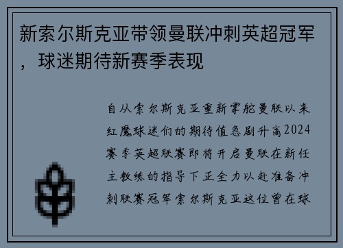 新索尔斯克亚带领曼联冲刺英超冠军，球迷期待新赛季表现