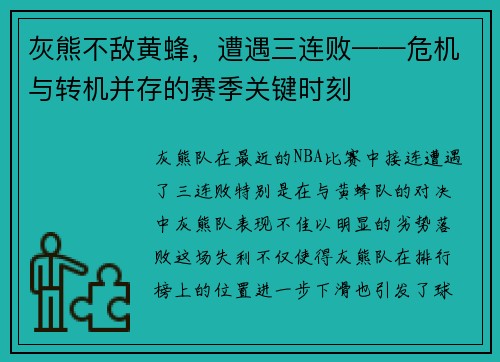 灰熊不敌黄蜂，遭遇三连败——危机与转机并存的赛季关键时刻